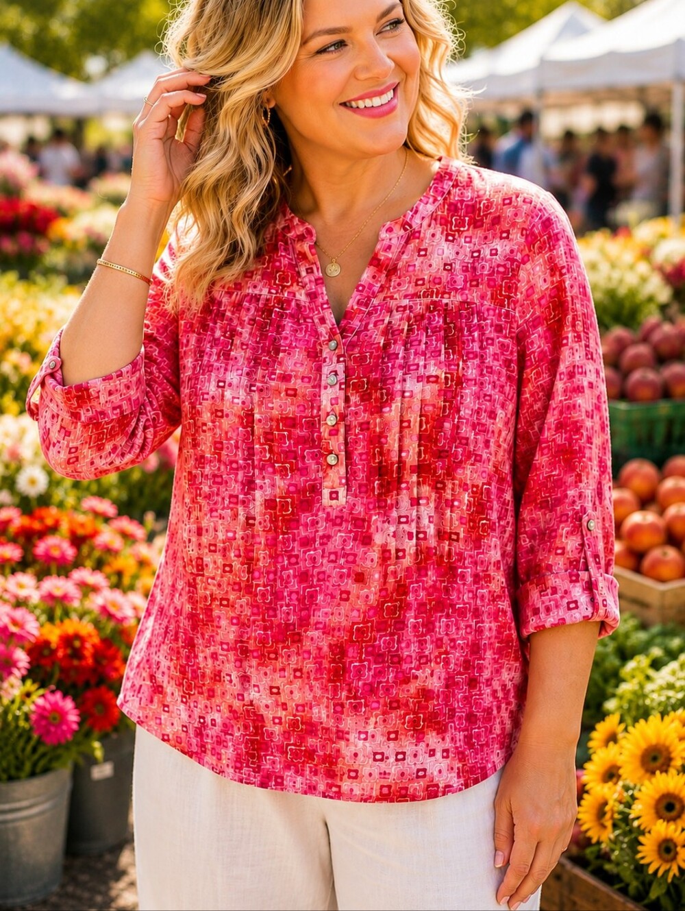 🔥Geometric Pattern Lined Henley Blouse Lightweight Relaxed Fit Roll Tab Sleeve